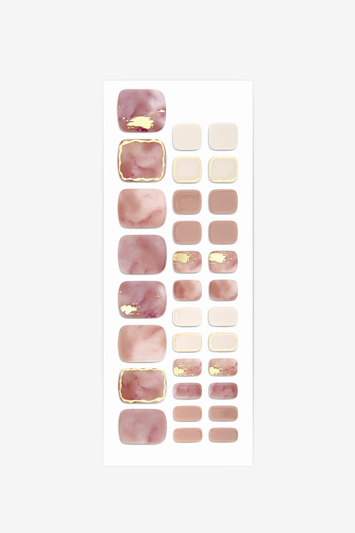 Full sheet of Golden Peach Marble semi-cured gel toenail stickers displaying various sizes on a white background.