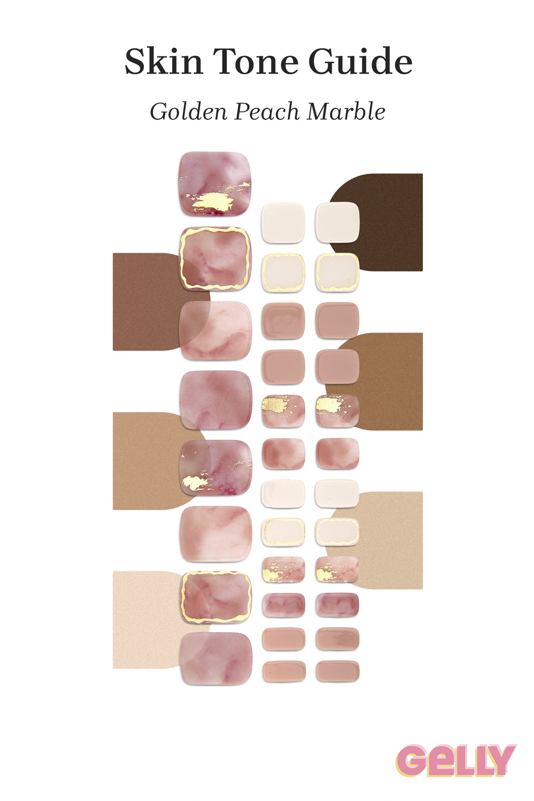 Gelly Skin Tone Guide showing a full set of Golden Peach Marble semi-cured gel toenail wraps across light-to-deep skin tone swatches, highlighting colour tone and opacity.