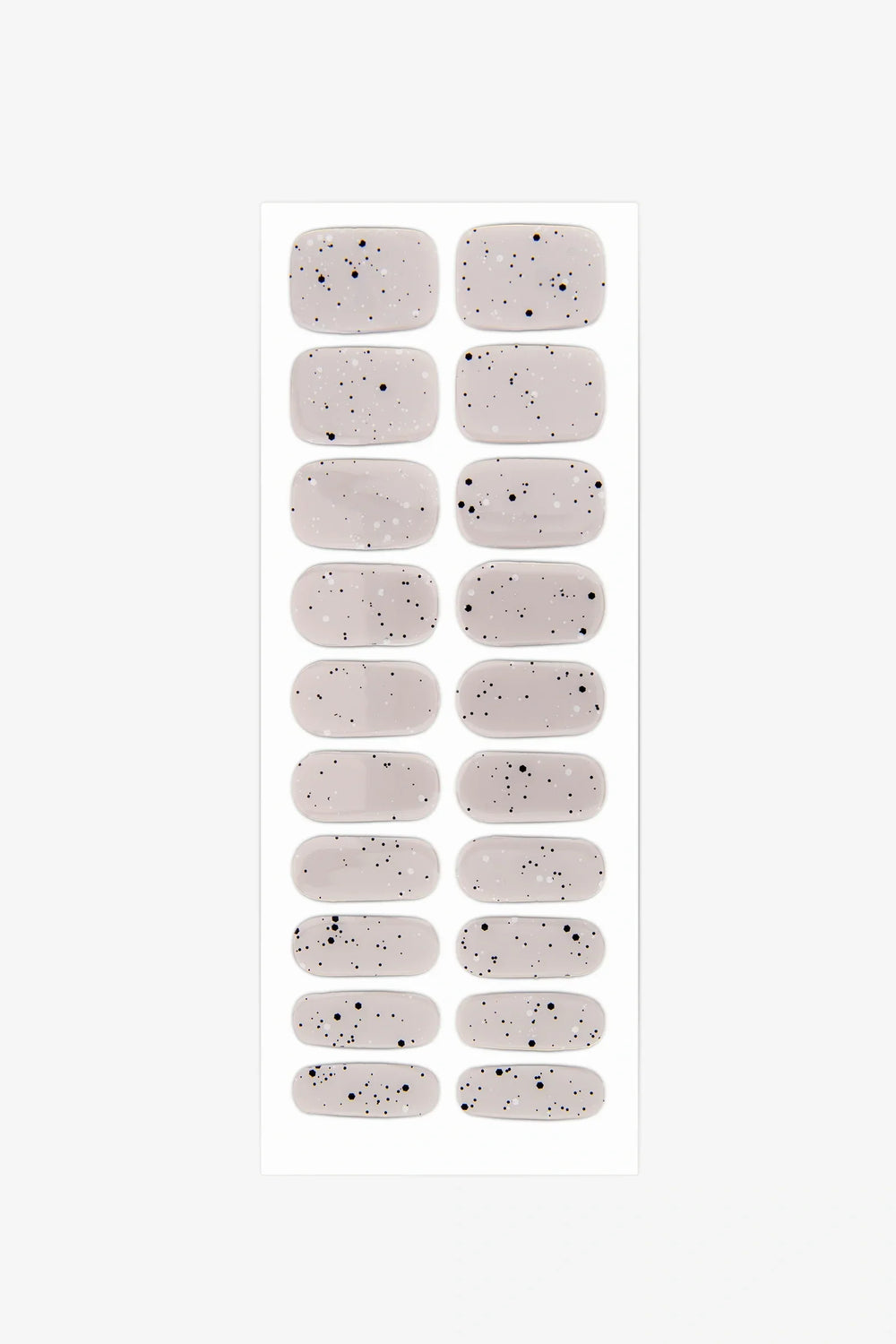 Full sheet of Gray Speckled Eggs gel nail wraps in light grey with fine black speckles, displayed in various sizes on a white background.