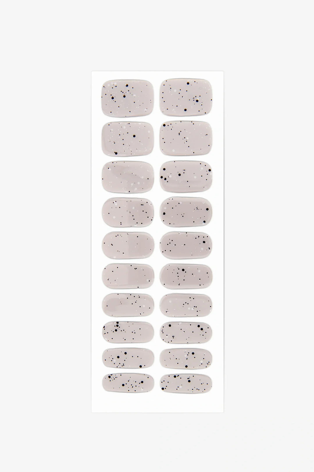 Full sheet of Gray Speckled Eggs gel nail wraps in light grey with fine black speckles, displayed in various sizes on a white background.