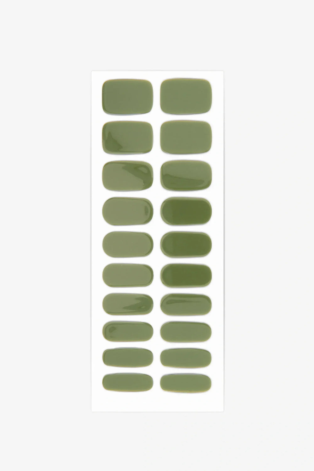 Sheet of semi-cured gel nail wraps in rich olive green with a smooth, high-gloss surface.
