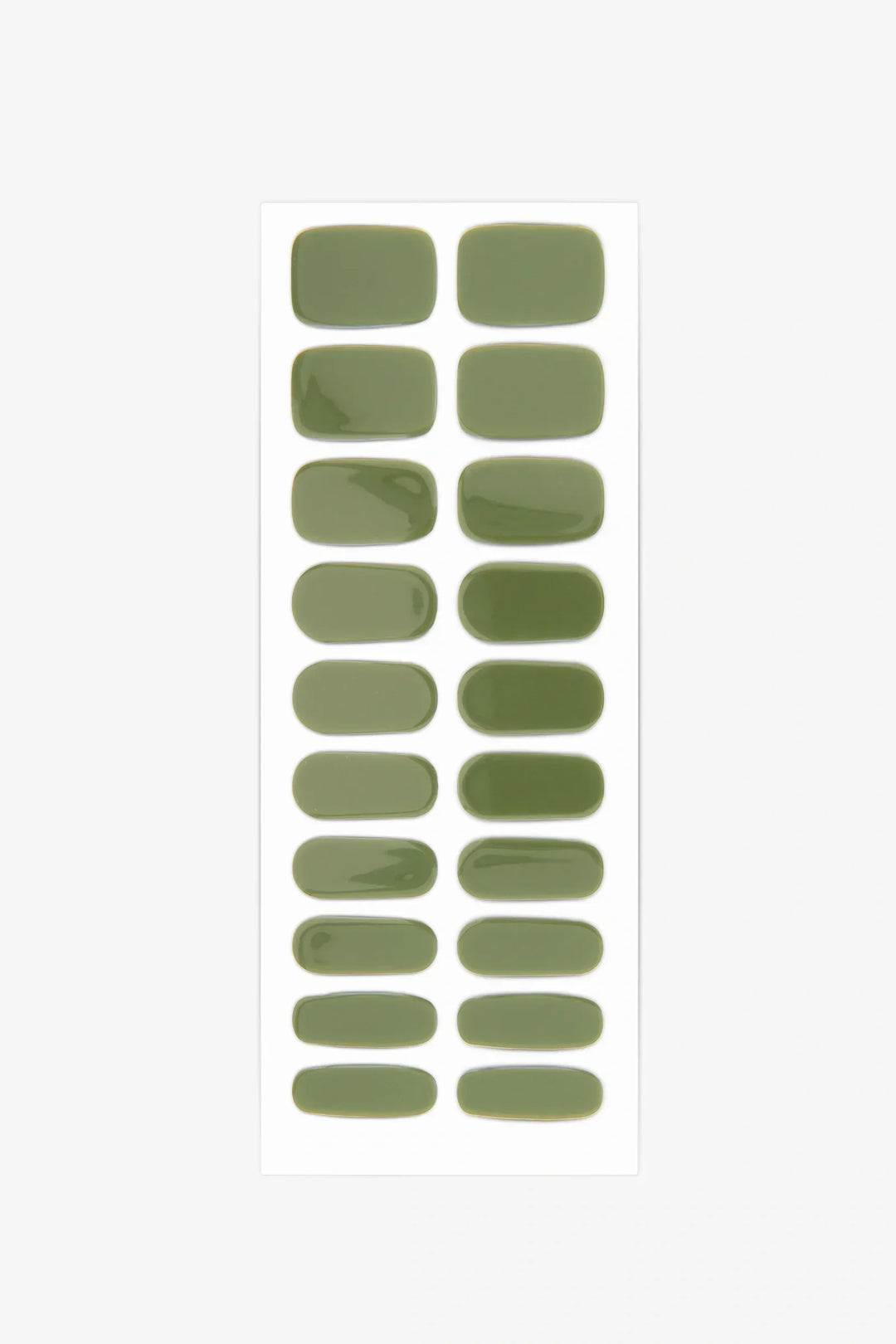 Sheet of semi-cured gel nail wraps in rich olive green with a smooth, high-gloss surface.