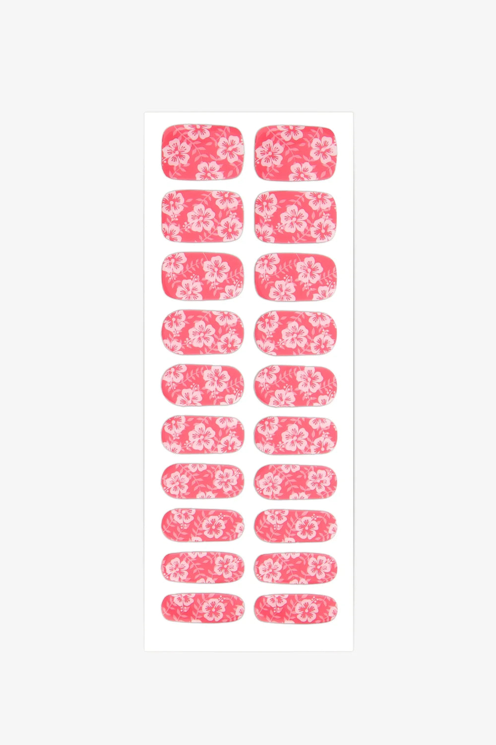 Sheet of semi-cured gel nail wraps in bright pink with white hibiscus designs and a smooth, glossy surface