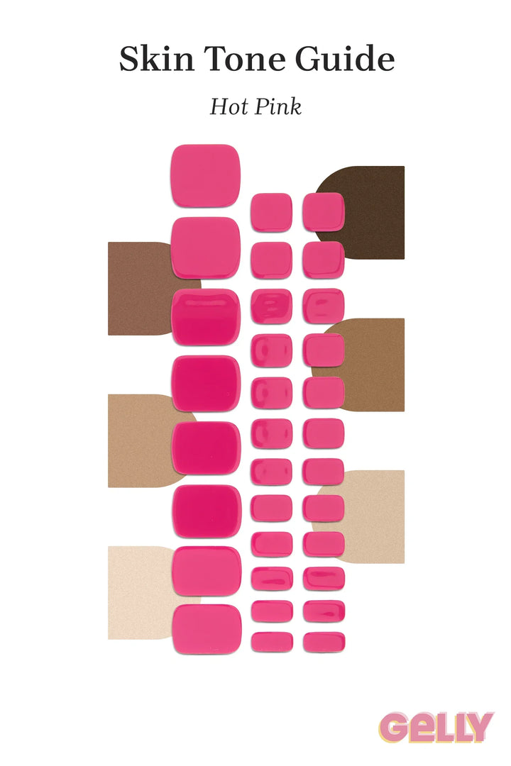 Gelly Skin Tone Guide showing a full set of Hot Pink semi-cured gel toenail wraps across light-to-deep skin tone swatches, highlighting colour tone and opacity.