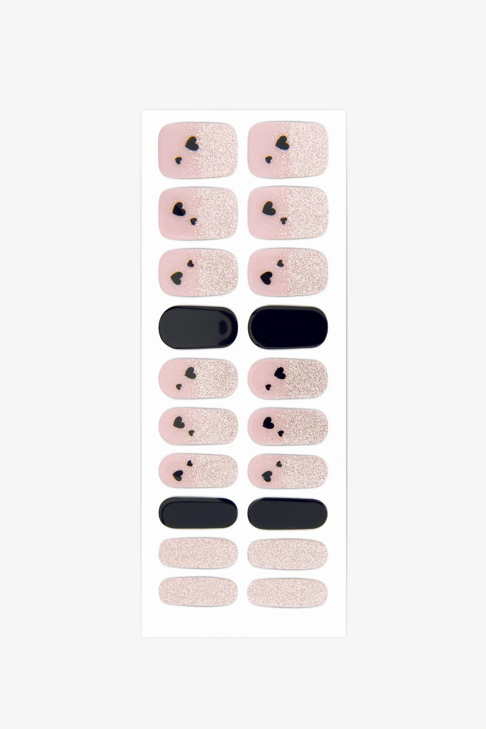 Full sheet of It Girl gel nail stickers featuring pink-nude and black designs with heart details and shimmer accents, displayed in various sizes on a white background.