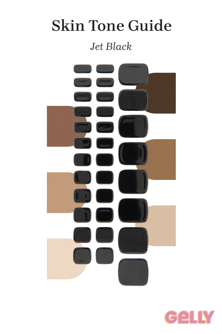 Gelly Skin Tone Guide showing a full set of Jet Black semi-cured gel toenail wraps across light-to-deep skin tone swatches, highlighting colour tone and opacity.