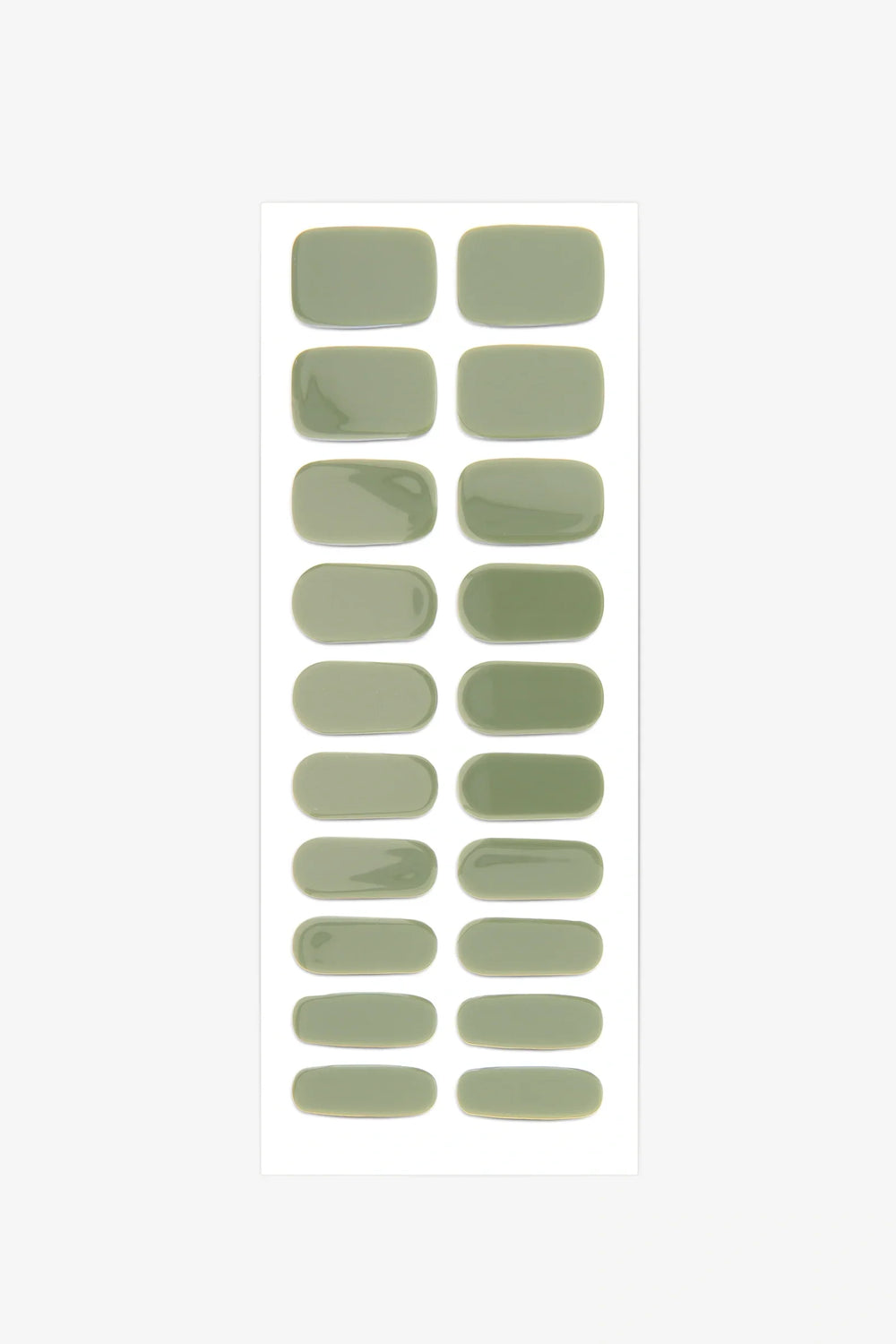 Full sheet of Khaki Green semi-cured gel nail stickers displaying various sizes on a white background.