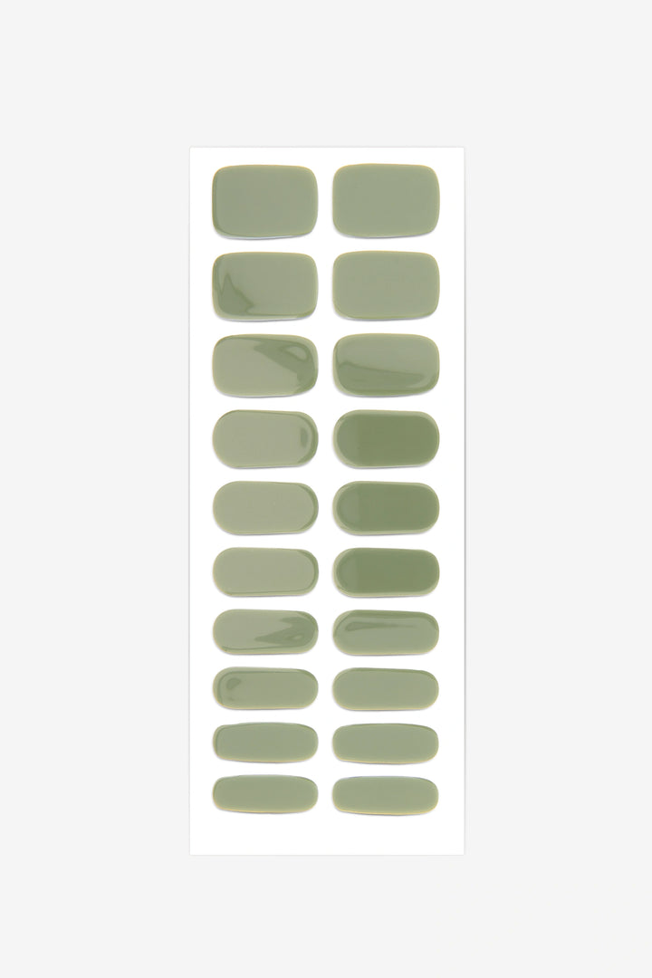Full sheet of Khaki Green semi-cured gel nail stickers displaying various sizes on a white background.