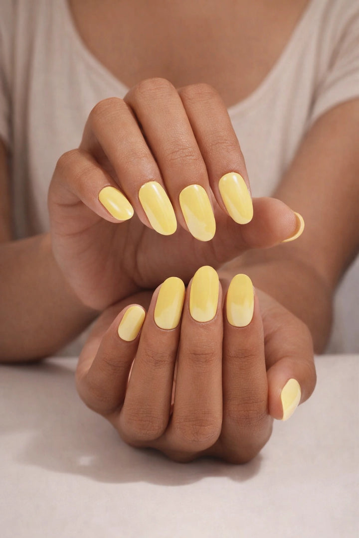 Lemon Sorbet semi-cured gel nail stickers, shown on medium skin with a soft pastel yellow tone and subtle light-catching shimmer, photographed under soft studio lighting against a clean neutral background.