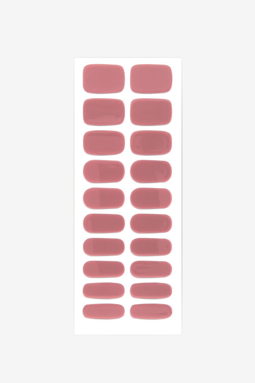 Full sheet of Light Rose Pink UV-free gel nail stickers displaying various sizes on a white background.