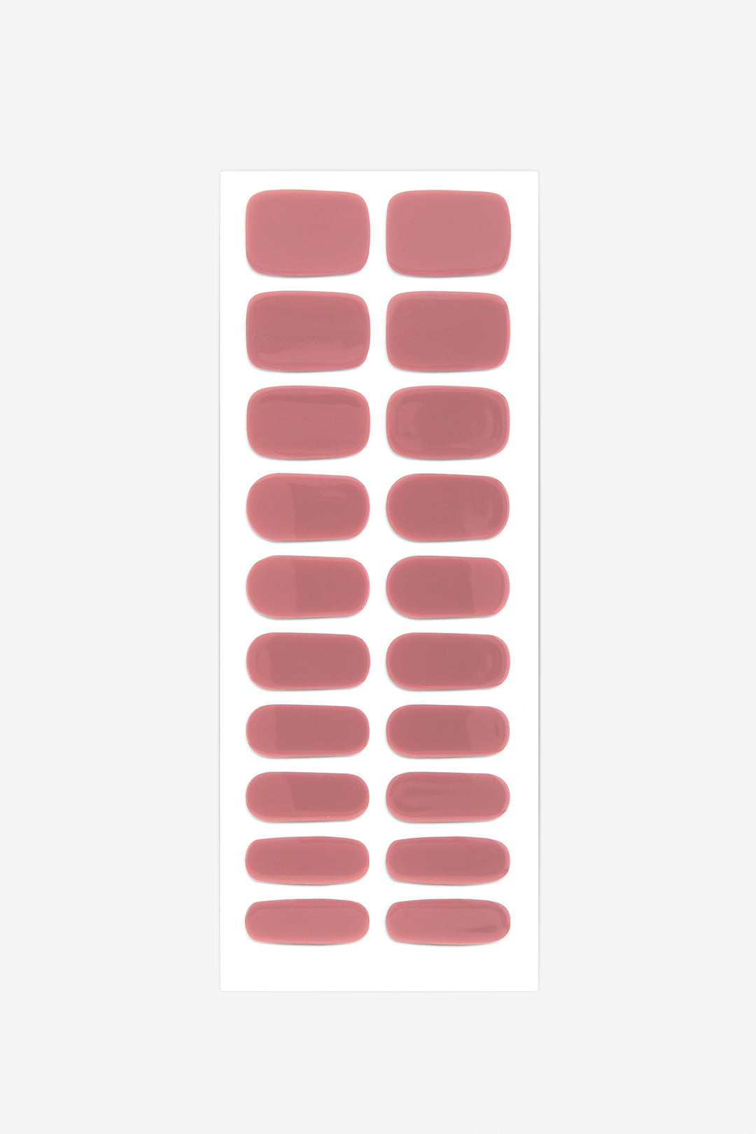 Full sheet of Light Rose Pink UV-free gel nail stickers displaying various sizes on a white background.