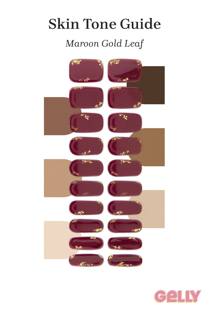 Gelly Skin Tone Guide showing a full set of Maroon Gold Leaf semi-cured gel nail wraps across light-to-deep skin tone swatches, highlighting colour tone and opacity.