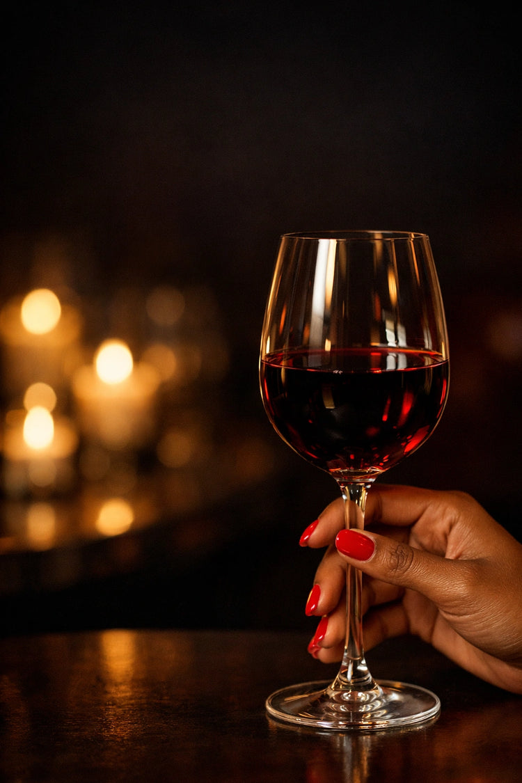 Hand with glossy red gel nail wraps holding a crystal wine glass in a candlelit luxury bar