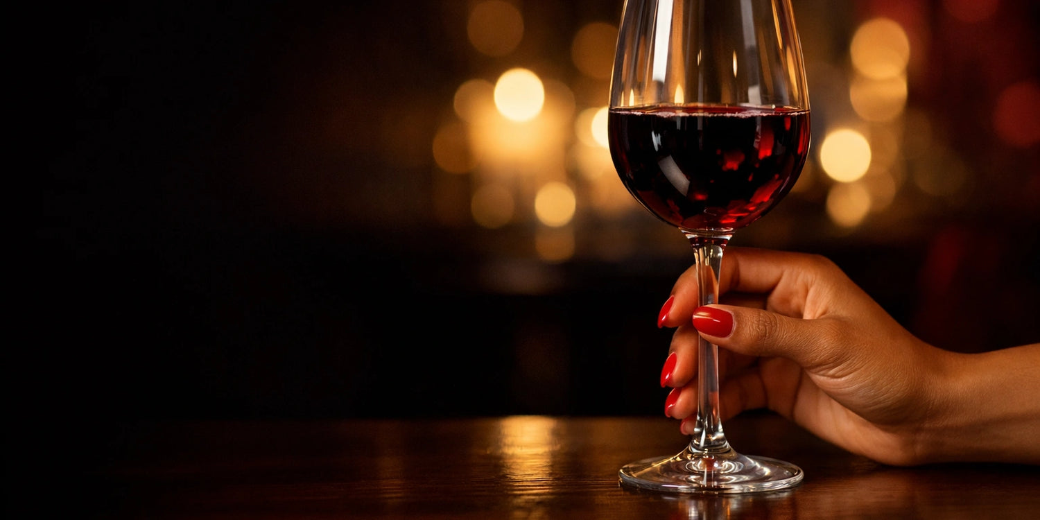 Hand with glossy red gel nail wraps holding a crystal wine glass in a candlelit luxury bar