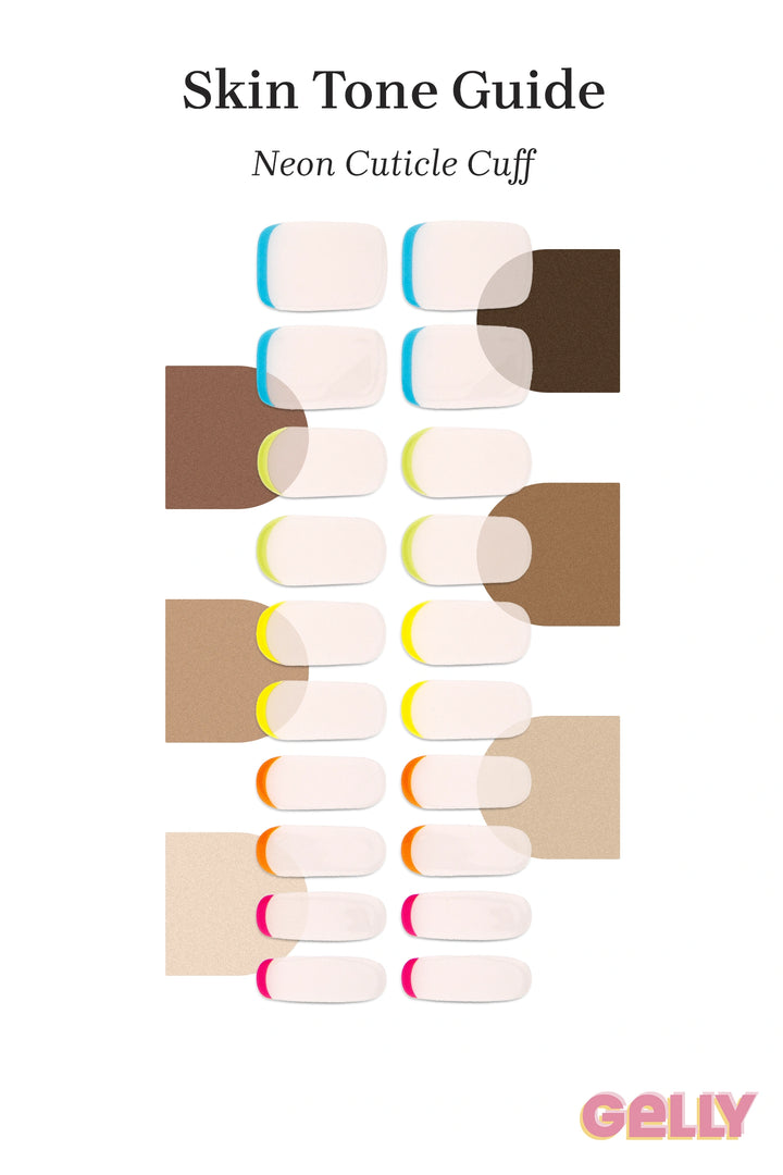 Gelly Skin Tone Guide showing a full set of Neon Cuticle Cuff semi-cured gel nail wraps across light-to-deep skin tone swatches, highlighting colour tone and opacity.