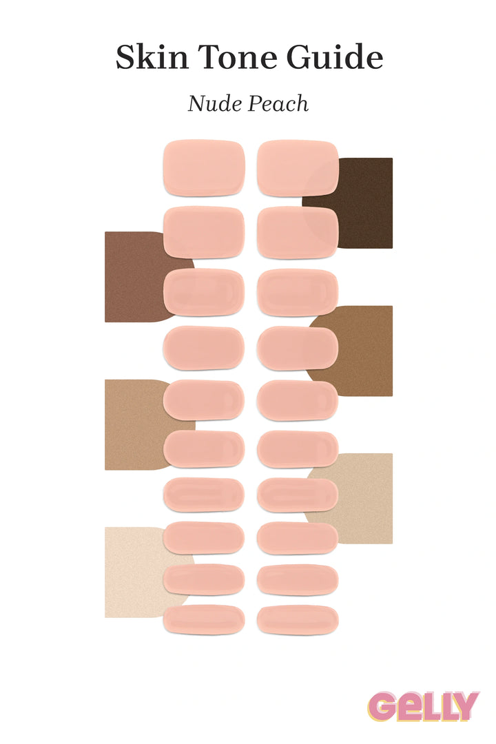 Gelly Skin Tone Guide showing a full set of Nude Peach semi-cured gel nail wraps across light-to-deep skin tone swatches, highlighting colour tone and opacity.