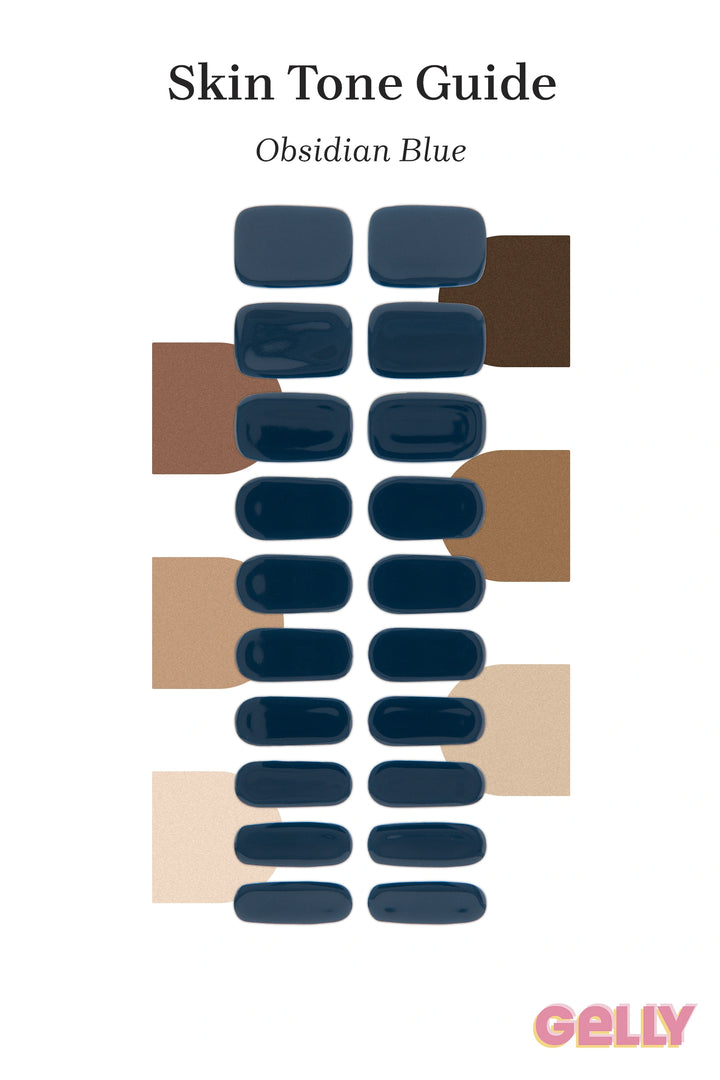 Gelly Skin Tone Guide showing a full set of Obsidian Blue semi-cured gel nail wraps across light-to-deep skin tone swatches, highlighting colour tone and opacity.