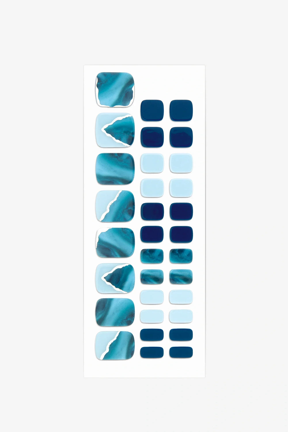 Full sheet of Ocean Blue Marble semi-cured gel toenail stickers displaying various sizes on a white background.