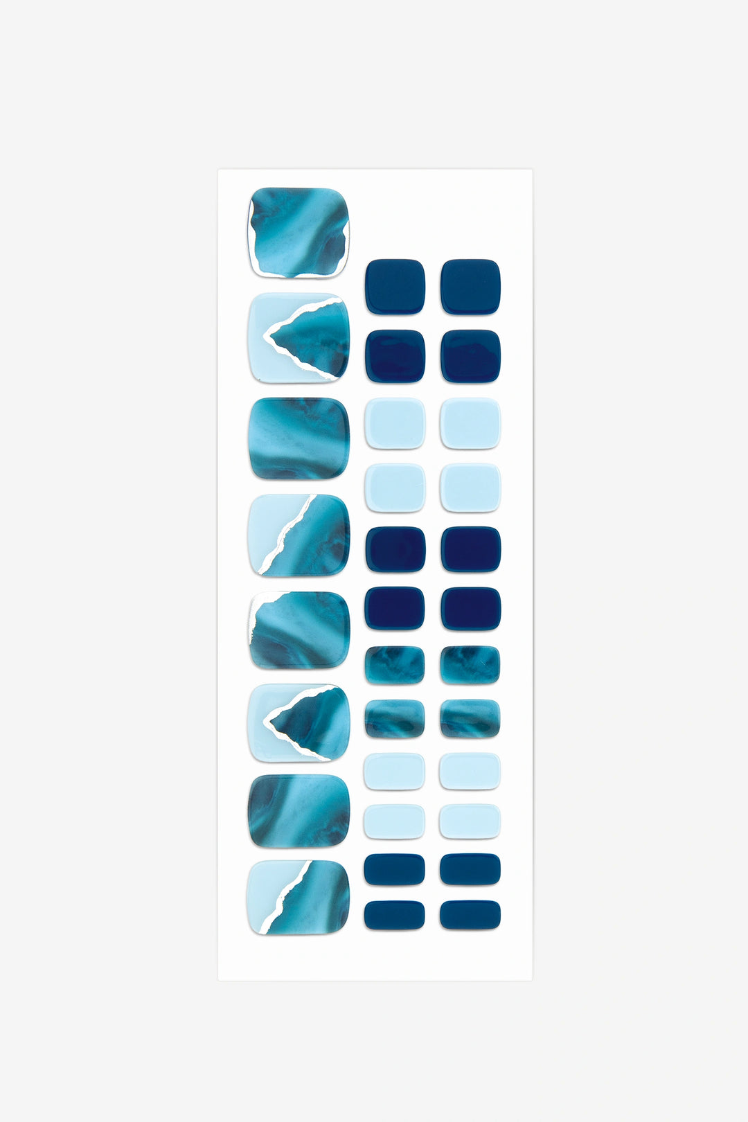 Full sheet of Ocean Blue Marble semi-cured gel toenail stickers displaying various sizes on a white background.