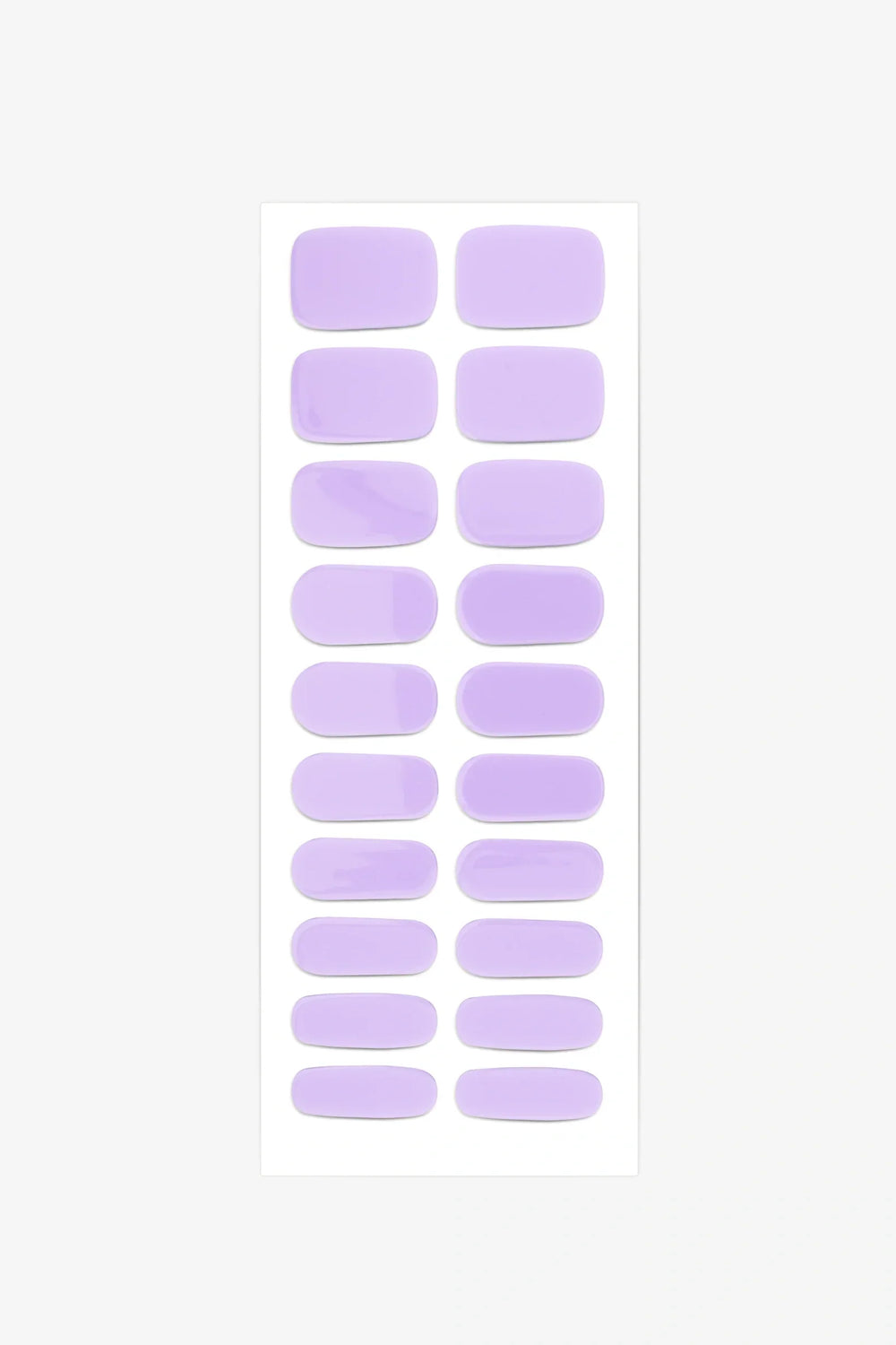 Full sheet of Pastel Lavender semi-cured gel nail stickers displaying various sizes on a white background.