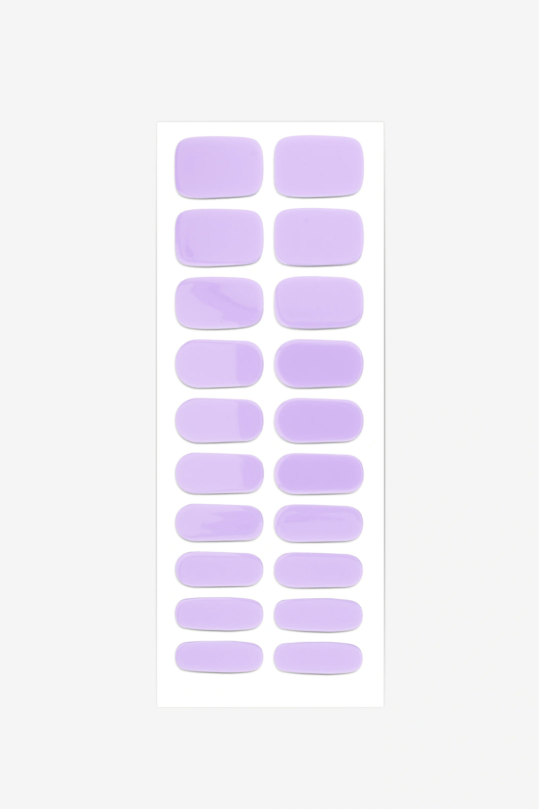 Full sheet of Pastel Lavender semi-cured gel nail stickers displaying various sizes on a white background.