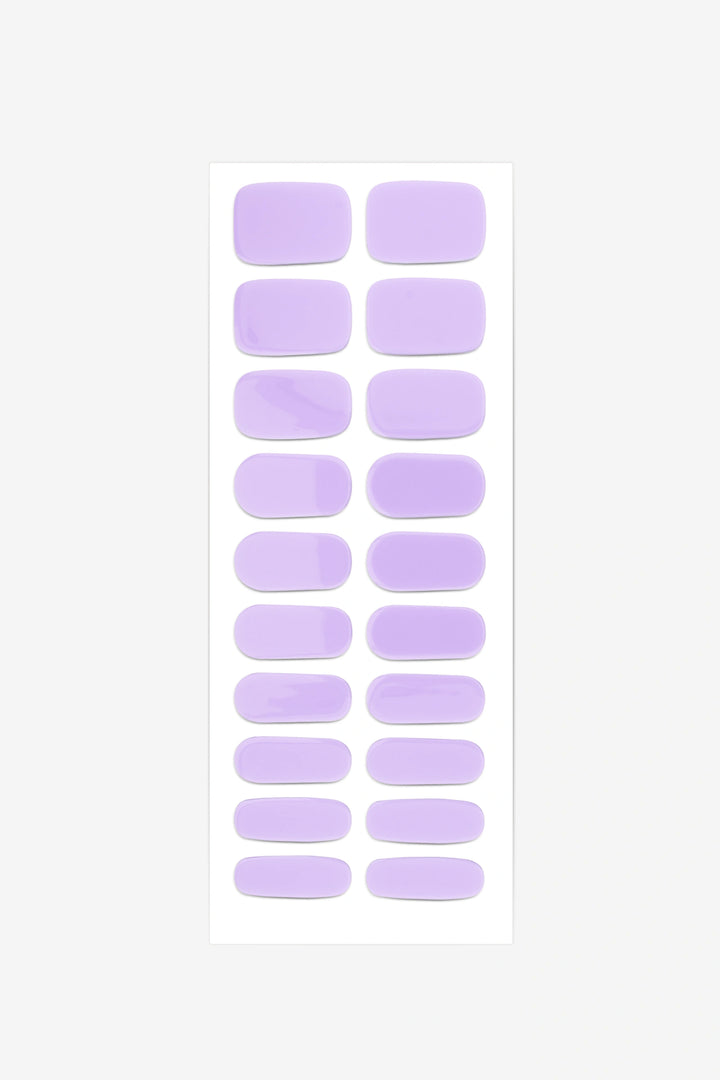 Full sheet of Pastel Lavender semi-cured gel nail stickers displaying various sizes on a white background.