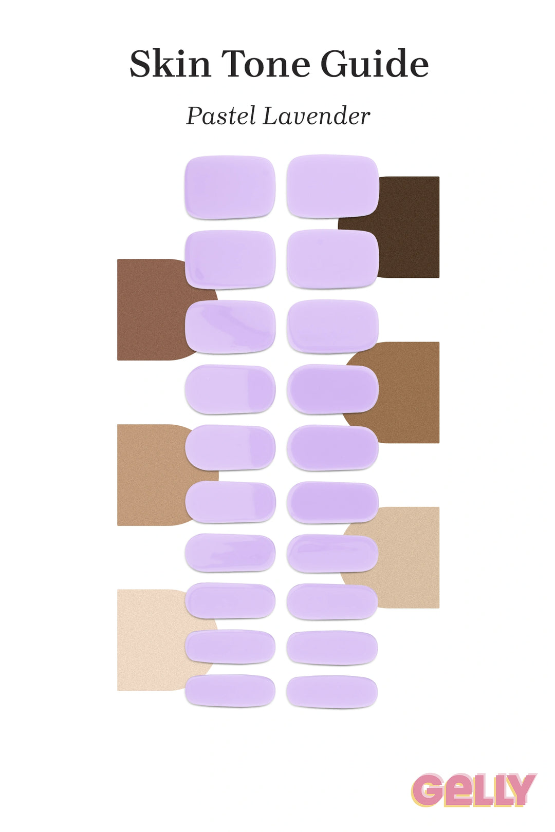 Gelly Skin Tone Guide showing a full set of Pastel Lavender semi-cured gel nail wraps across light-to-deep skin tone swatches, highlighting colour tone and opacity.