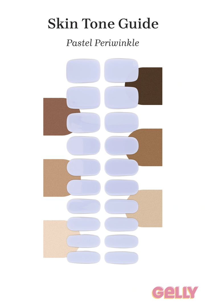 Gelly Skin Tone Guide showing a full set of Pastel Periwinkle semi-cured gel nail wraps across light-to-deep skin tone swatches, highlighting colour tone and opacity.