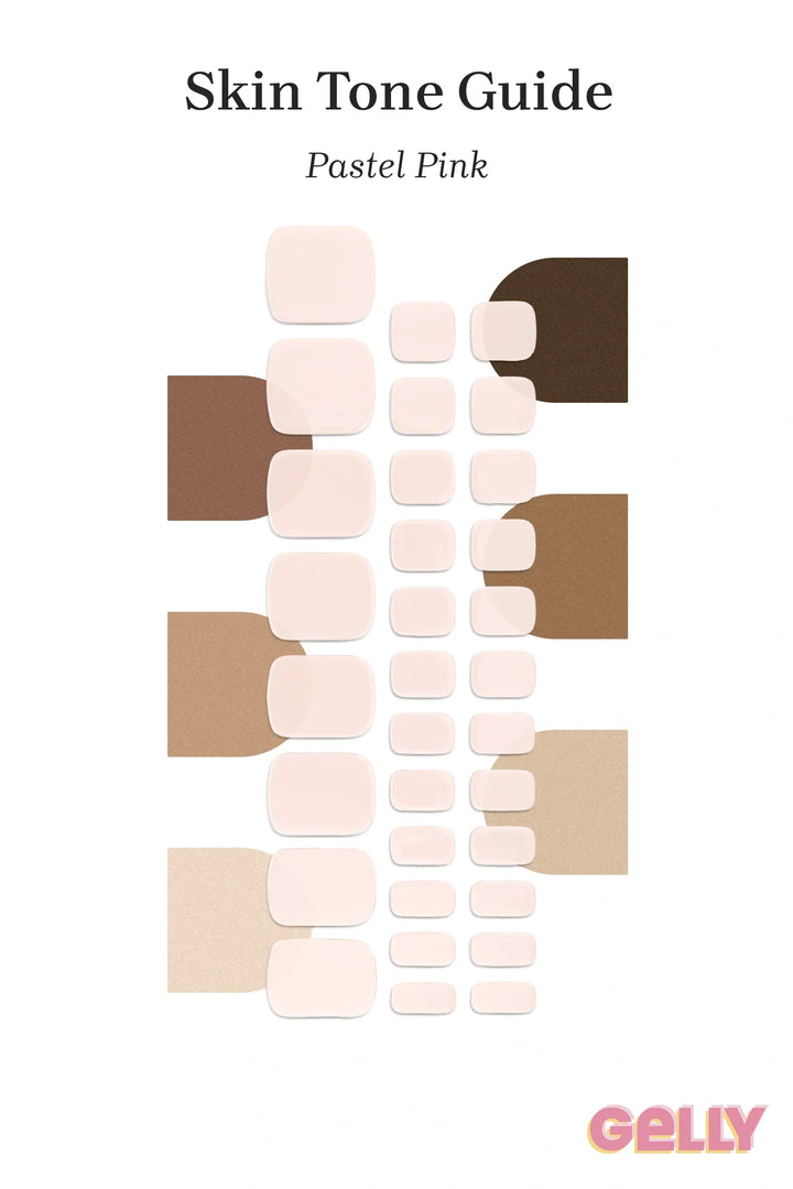 Gelly Skin Tone Guide showing a full set of Pastel Pink semi-cured gel toenail wraps across light-to-deep skin tone swatches, highlighting colour tone and opacity.