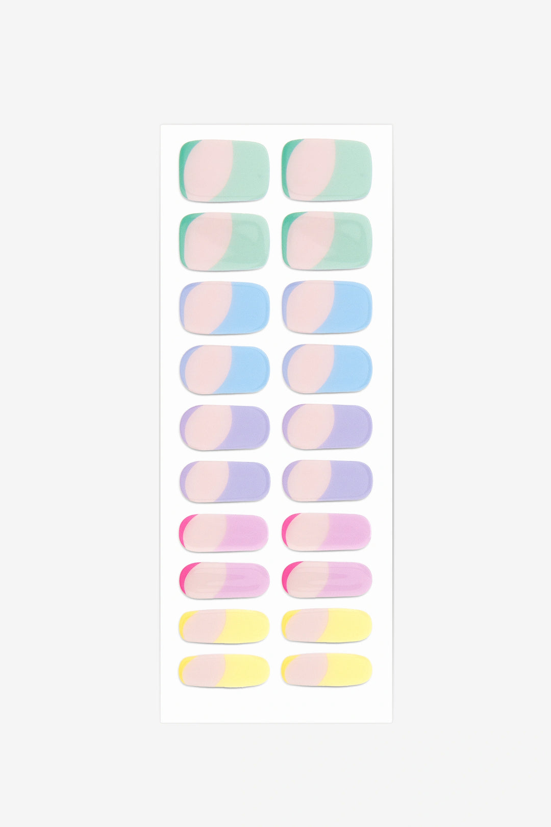 Full sheet of Pastel Rainbow semi-cured gel nail stickers displaying various sizes on a white background.