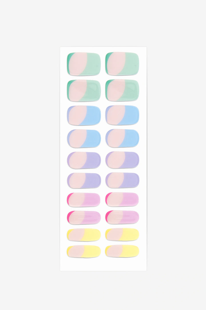 Full sheet of Pastel Rainbow semi-cured gel nail stickers displaying various sizes on a white background.