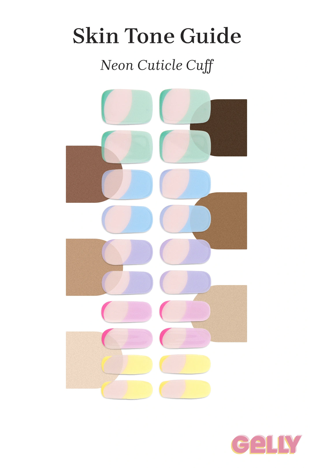 Gelly Skin Tone Guide showing a full set of Pastel Rainbow semi-cured gel nail wraps across light-to-deep skin tone swatches, highlighting colour tone and opacity.