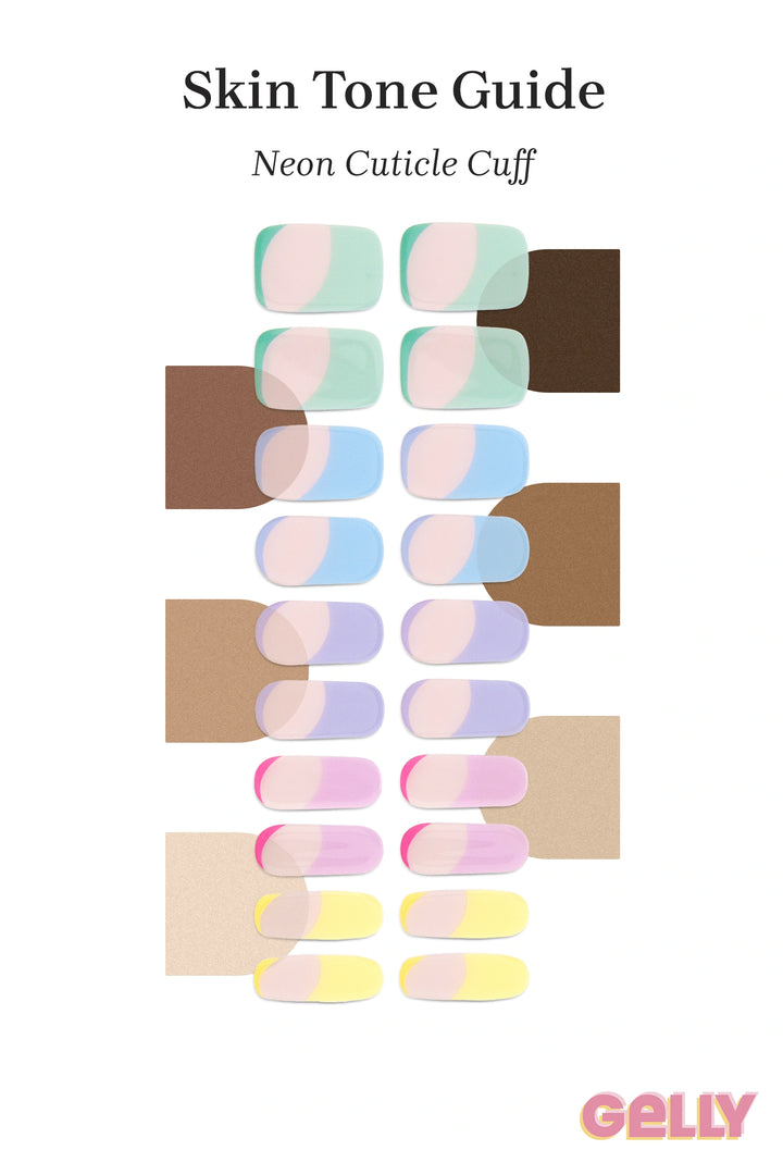 Gelly Skin Tone Guide showing a full set of Pastel Rainbow semi-cured gel nail wraps across light-to-deep skin tone swatches, highlighting colour tone and opacity.