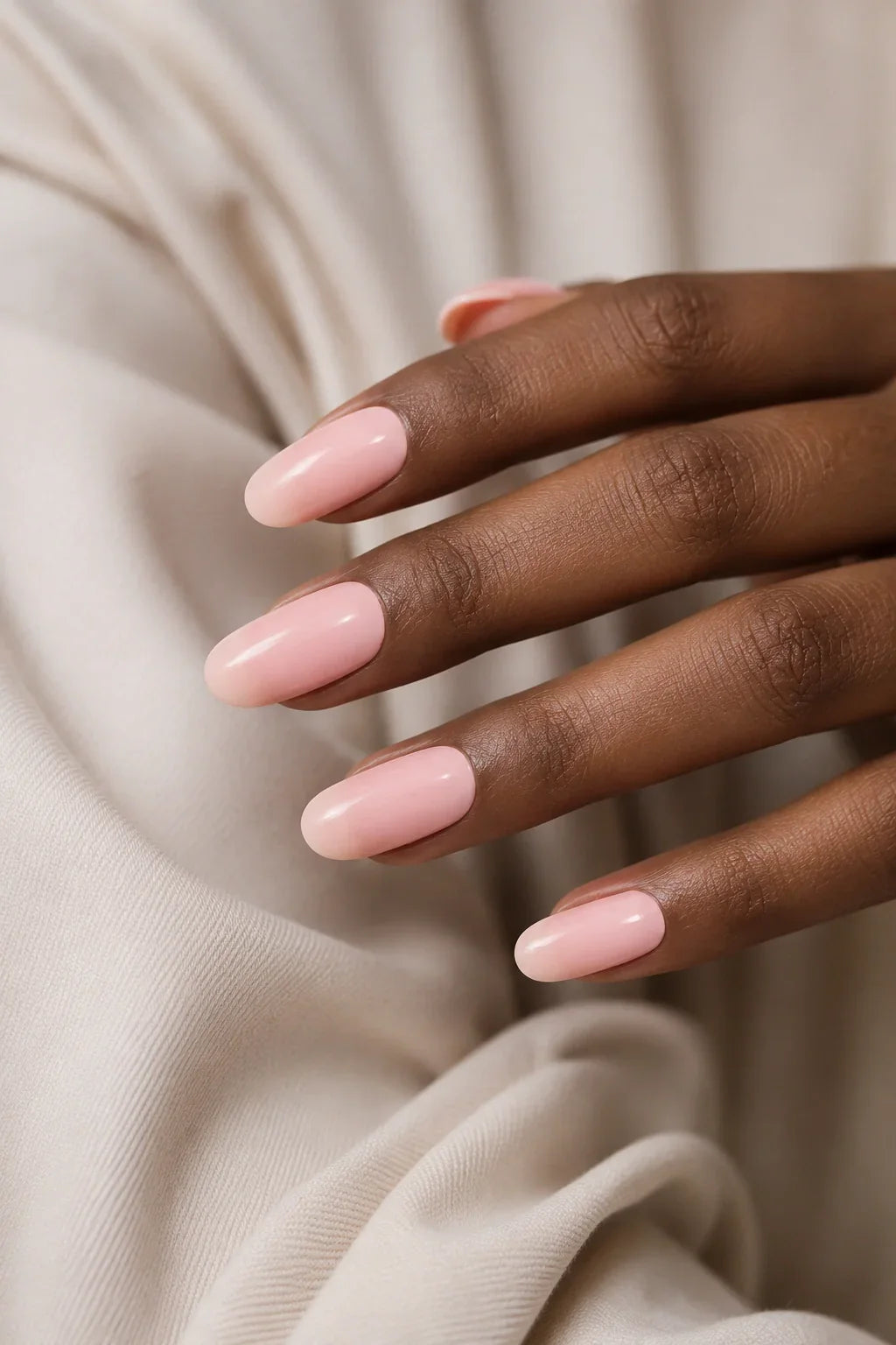 Peach Glaze UV-free gel nail wraps in a very light neutral peach with a soft milky finish and a glossy shine, shown on dark skin.