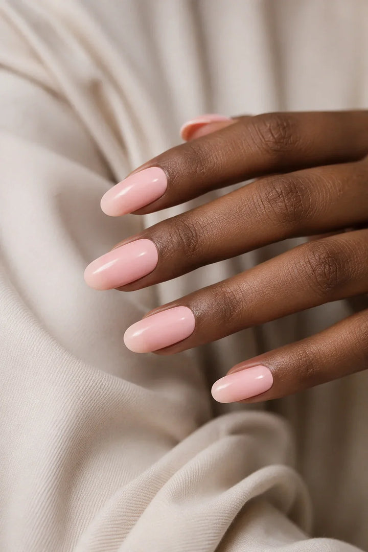 Peach Glaze UV-free gel nail wraps in a very light neutral peach with a soft milky finish and a glossy shine, shown on dark skin.