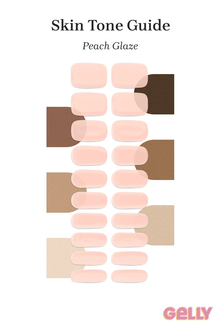 Gelly Skin Tone Guide showing a full set of Peach Glaze UV-free gel nail wraps across light-to-deep skin tone swatches, highlighting colour tone and opacity.