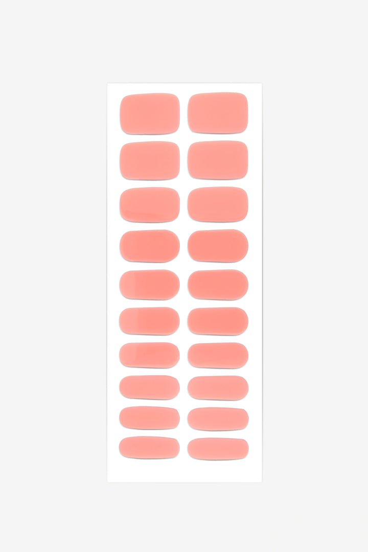 Full sheet of Perfect Peach semi-cured gel nail stickers displaying various sizes on a white background.