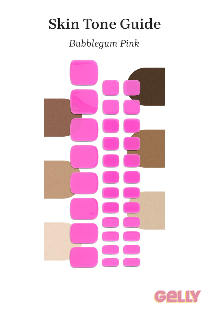 Gelly Skin Tone Guide showing a full set of Pink Bubblegum semi-cured gel toenail wraps across light-to-deep skin tone swatches, highlighting colour tone and opacity.