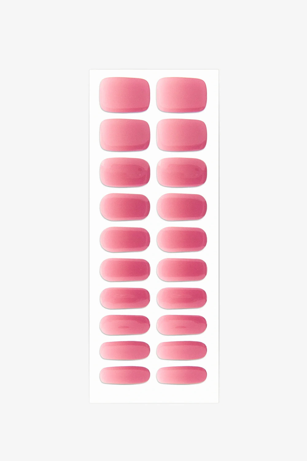 Full sheet of Pink Glow UV-free gel nail stickers displaying various sizes on a white background.