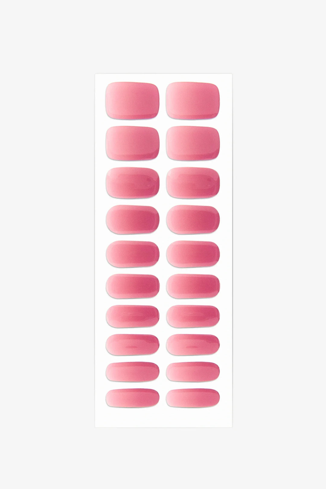 Full sheet of Pink Glow UV-free gel nail stickers displaying various sizes on a white background.