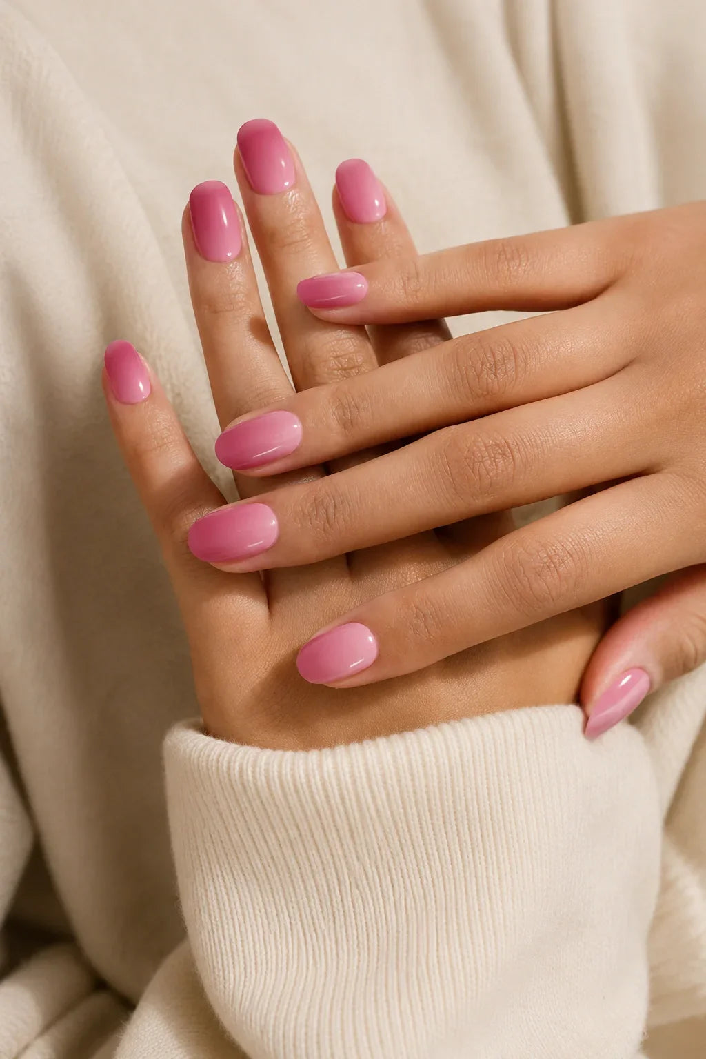 Pink Glow UV-free gel nail wraps in a soft light-to-deep pink gradient with a glossy finish, shown on light skin.
