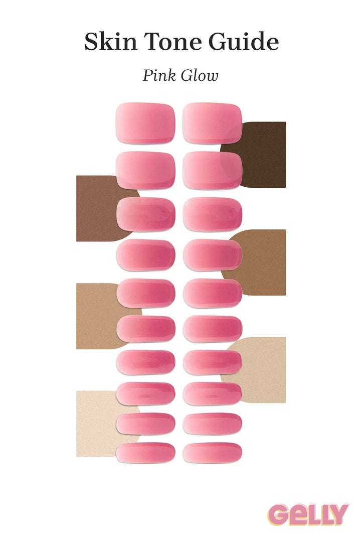 Gelly Skin Tone Guide showing a full set of Pink Glow UV-free gel nail wraps across light-to-deep skin tone swatches, highlighting colour tone and opacity.
