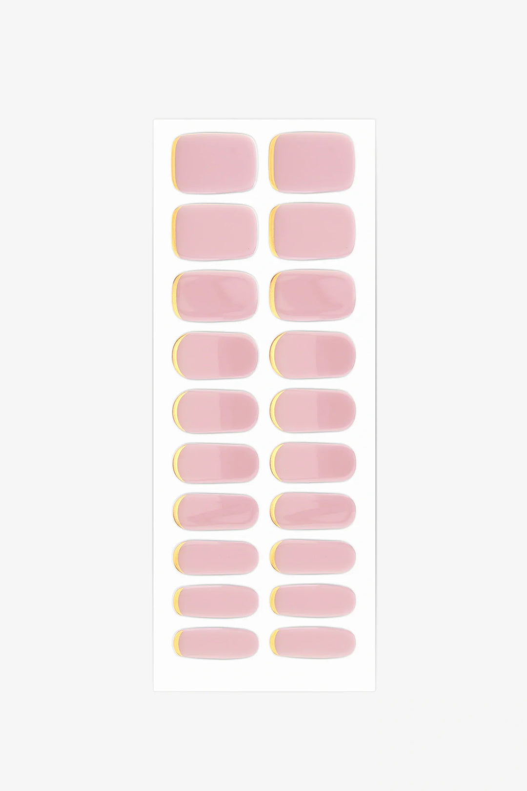 Full sheet of Pink Moon gel nail wraps in nude-pink tones with gold cuff accents, displayed in various sizes on a white background.