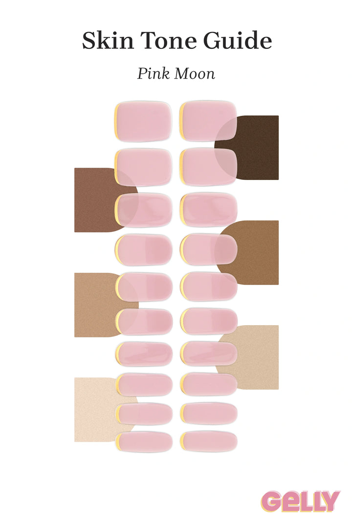 Gelly Skin Tone Guide showing a full set of Pink Moon semi-cured gel nail wraps across light-to-deep skin tone swatches, highlighting colour tone and opacity.