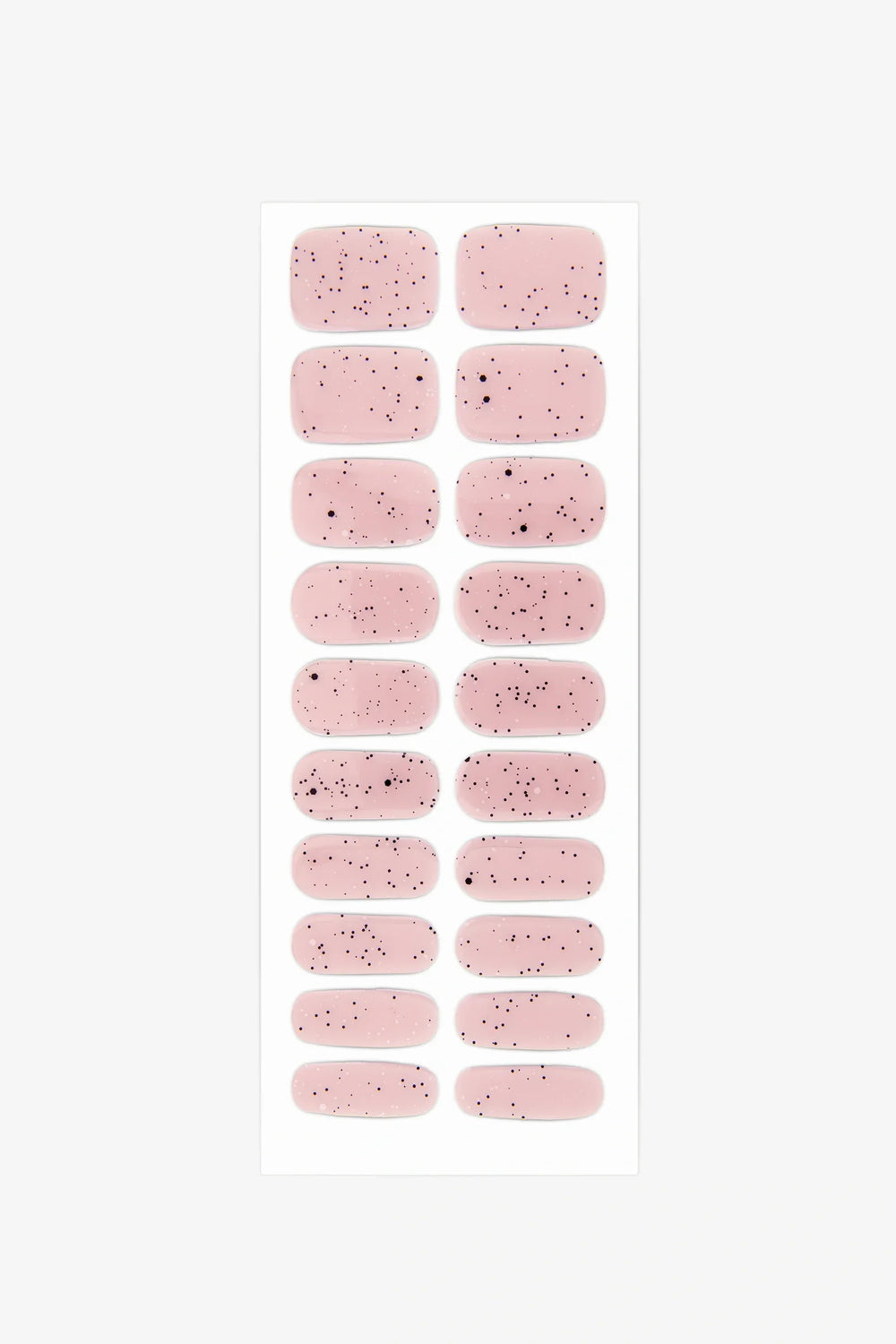 Full sheet of Pink Speckled Eggs gel nail wraps in a sheer pink shade with fine black speckles, arranged in various sizes on a white background.