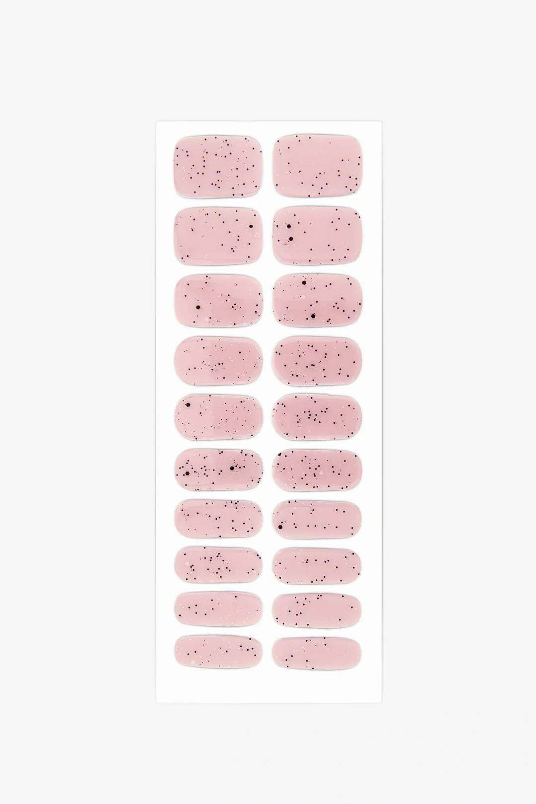 Full sheet of Pink Speckled Eggs gel nail wraps in a sheer pink shade with fine black speckles, arranged in various sizes on a white background.