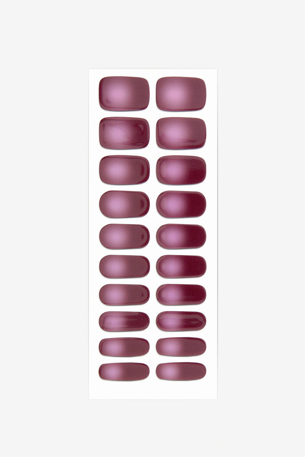 Full sheet of Plum Ombré semi-cured gel nail stickers displaying various sizes on a white background.