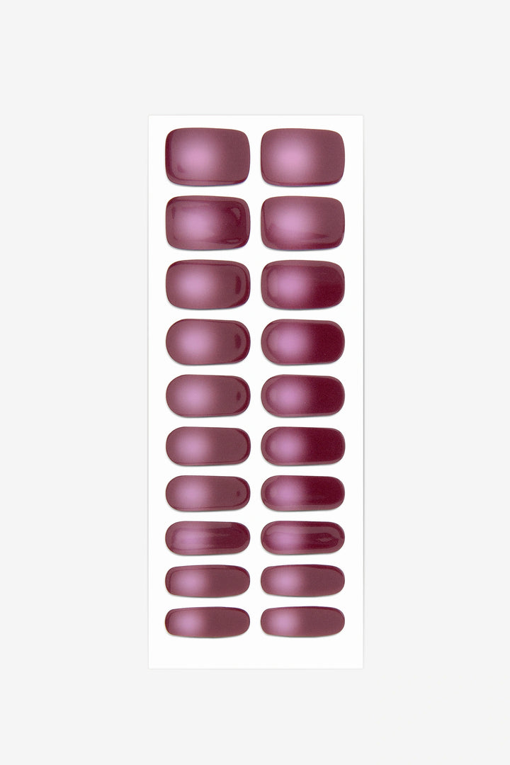 Full sheet of Plum Ombré semi-cured gel nail stickers displaying various sizes on a white background.