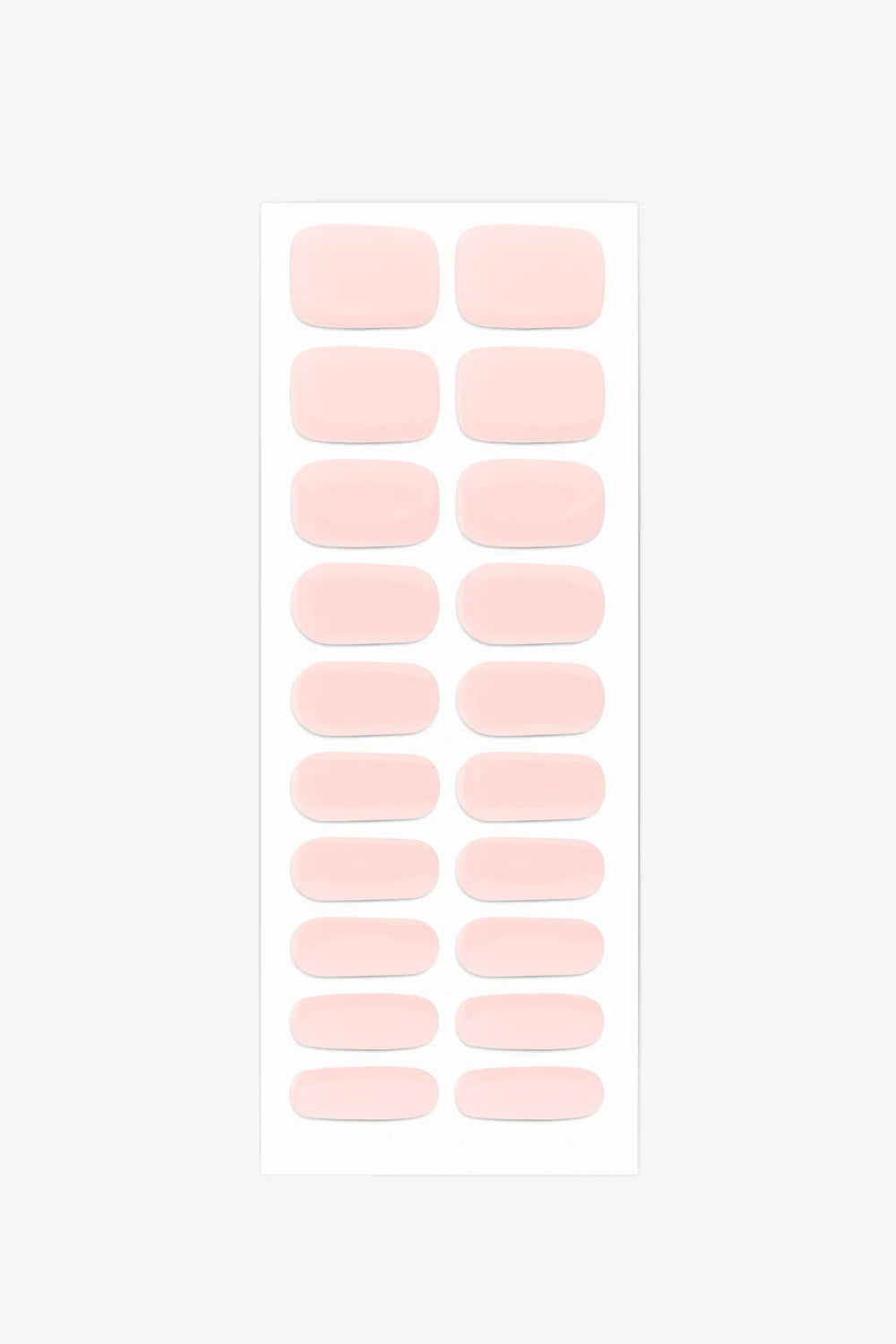 Full sheet of Powder Pink UV-free gel nail stickers displaying various sizes on a white background.