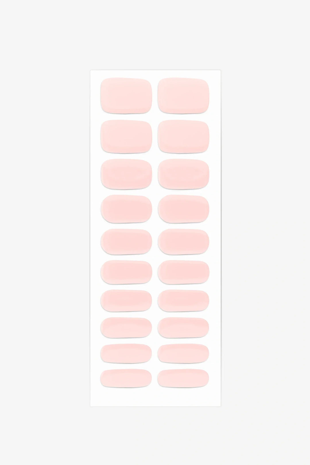Full sheet of Powder Pink UV-free gel nail stickers displaying various sizes on a white background.